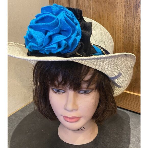 VTG Mexico Straw Fashion Cowboy Women’s Hat Turquoise Flower Black Band Fit 7 - Picture 2 of 10